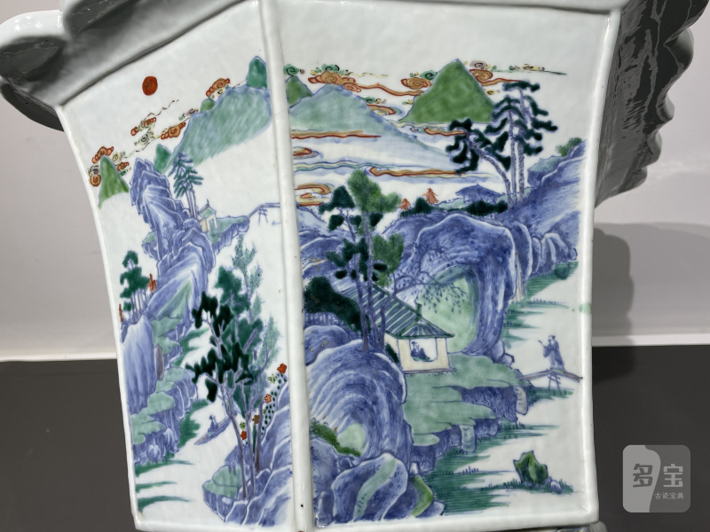 清康熙 斗彩山水人物六角棱口大花盆 - 图7